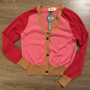 NWT Oxknit Cropped Cardigan Color Blocked Red Pink Tan L (19" Pit To Pit)